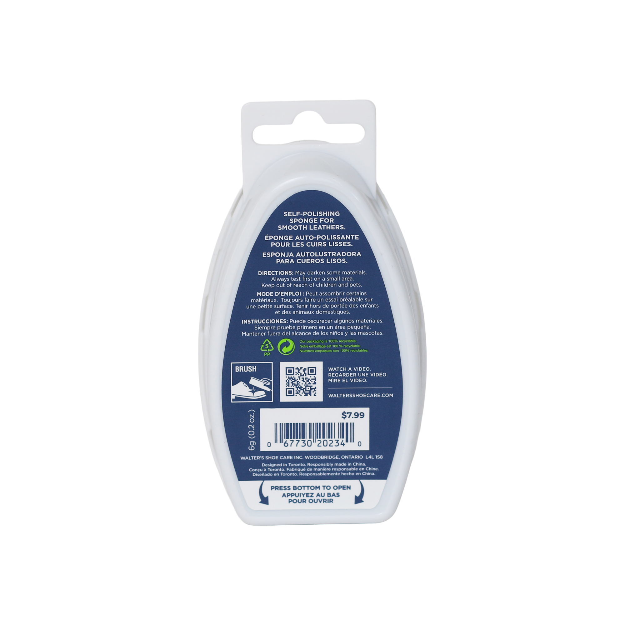 Back of  Walter's Shoe shine sponge container with instructions  and QR code 