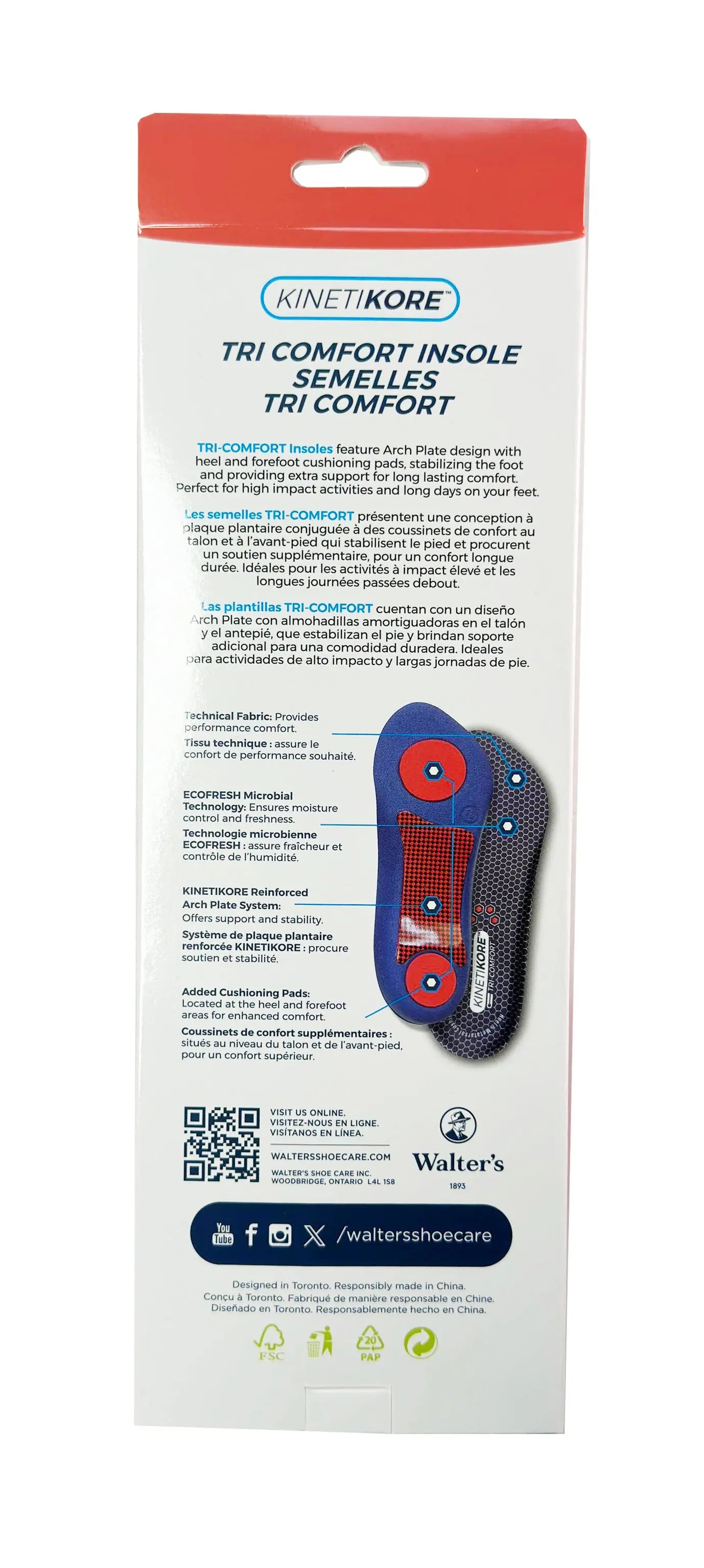 Close‑up of Walter’s Kinetikore Tri‑Comfort Insole – Soft Fabric Top Cover with Cushioned Foam Pads