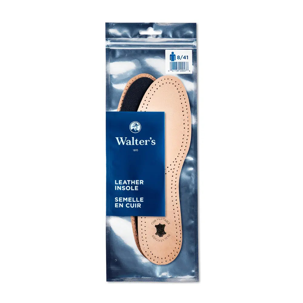 Leather insoles in retail packaging, front-facing product display – breathable genuine leather shoe insoles by Walter’s Shoe Care